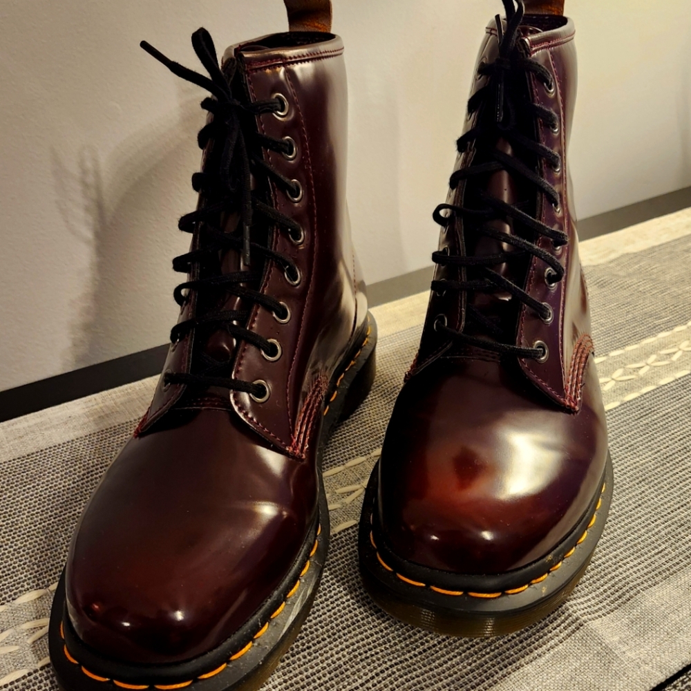 Dr. Martens shiny modern brown patent lace up combat boots